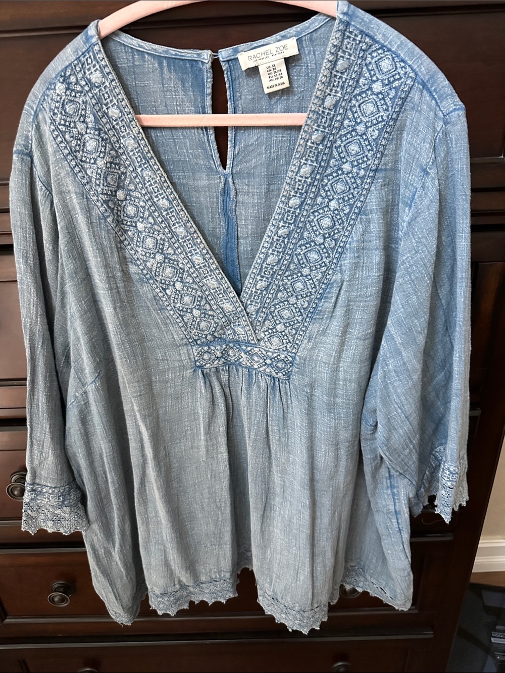 Rachel Zoe Powder Blue Embroidered V-Neck Peasant Blouse
